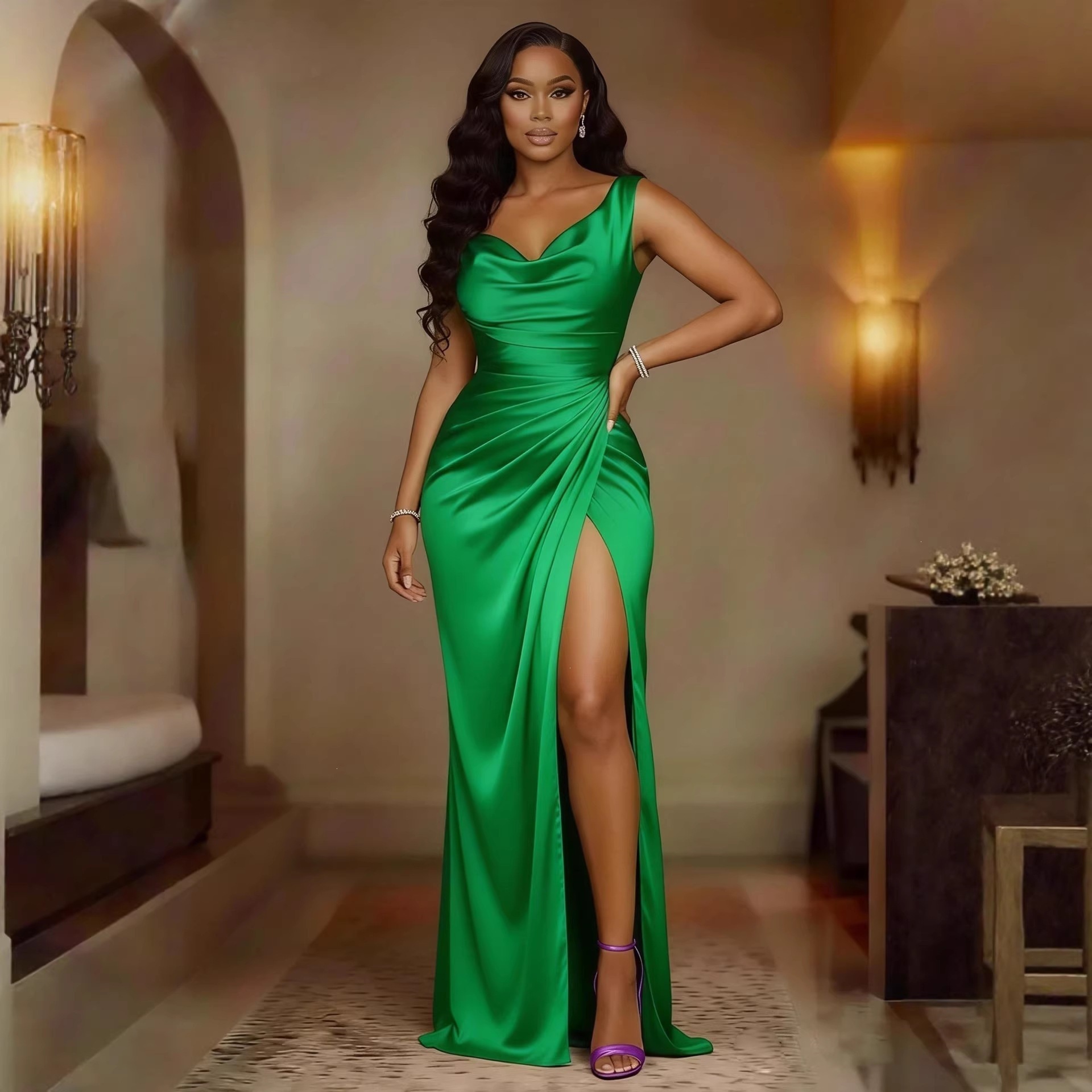 Womens Slim Fit Satin Solid Color Summer Dress - Image 5
