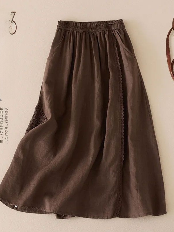 Cotton Linen Elastic Waist A-Line Skirt - Image 4