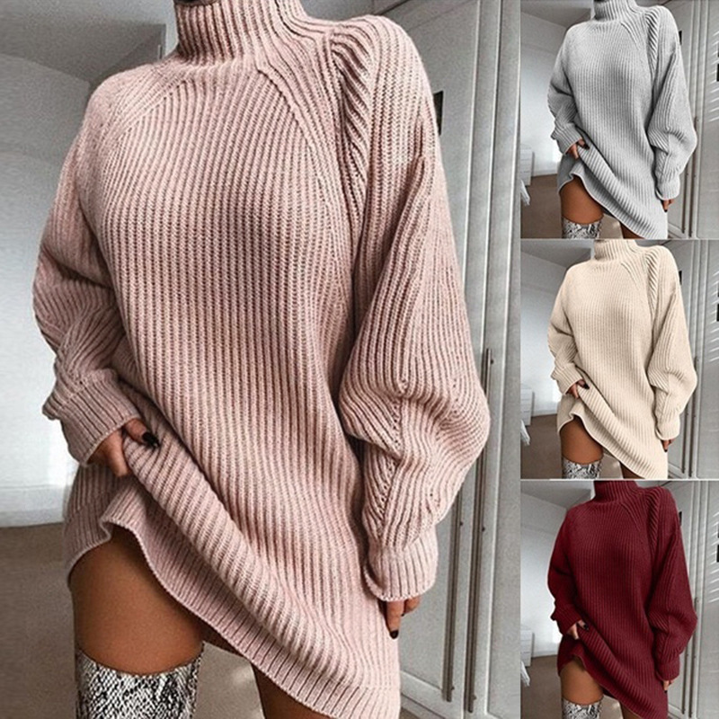 Knitted solid-color half-collared shoulder-sleeved dress