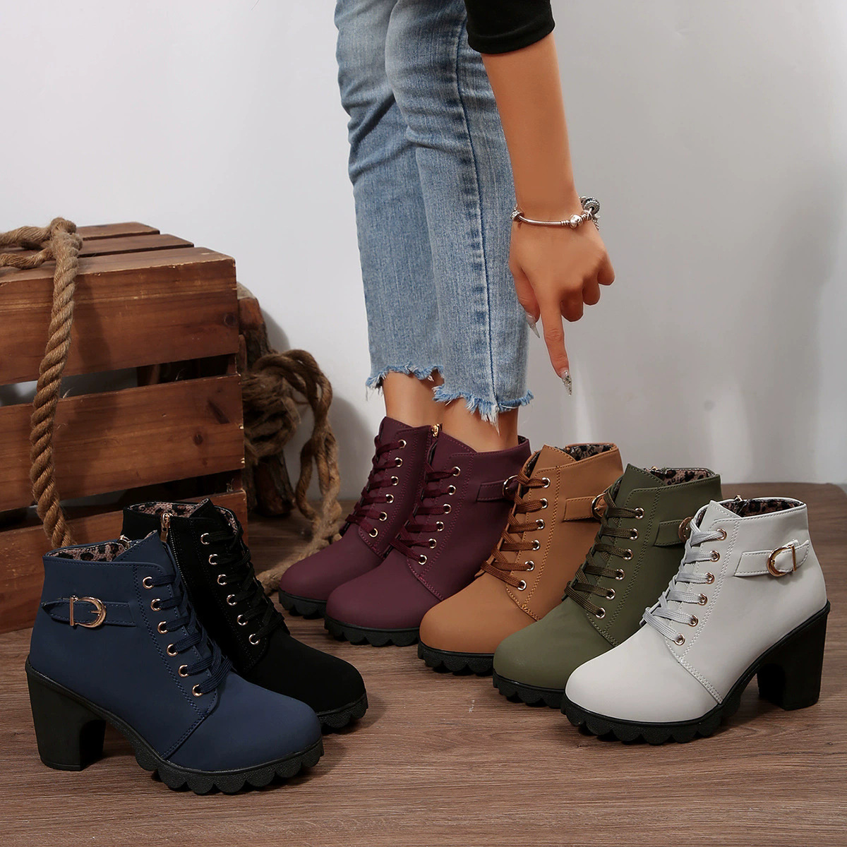 Thick Heel Ankle Boots Round-Toe Lace-Up Martin Boots