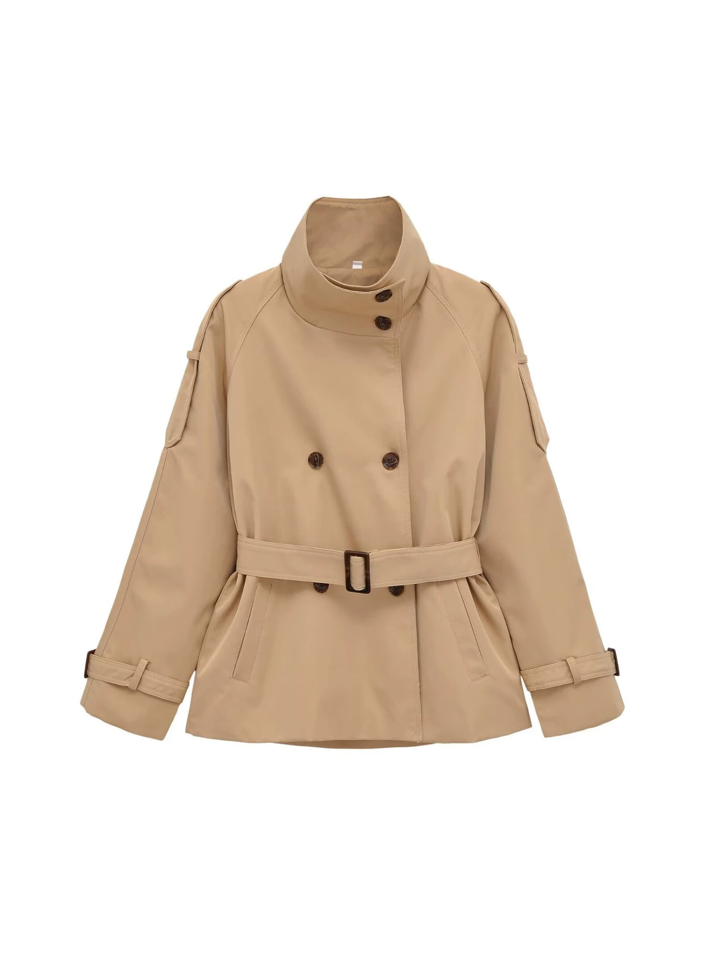 Women's Double-Breasted Stand Collar Belted Long Sleeve Short Trench Coat - Image 2
