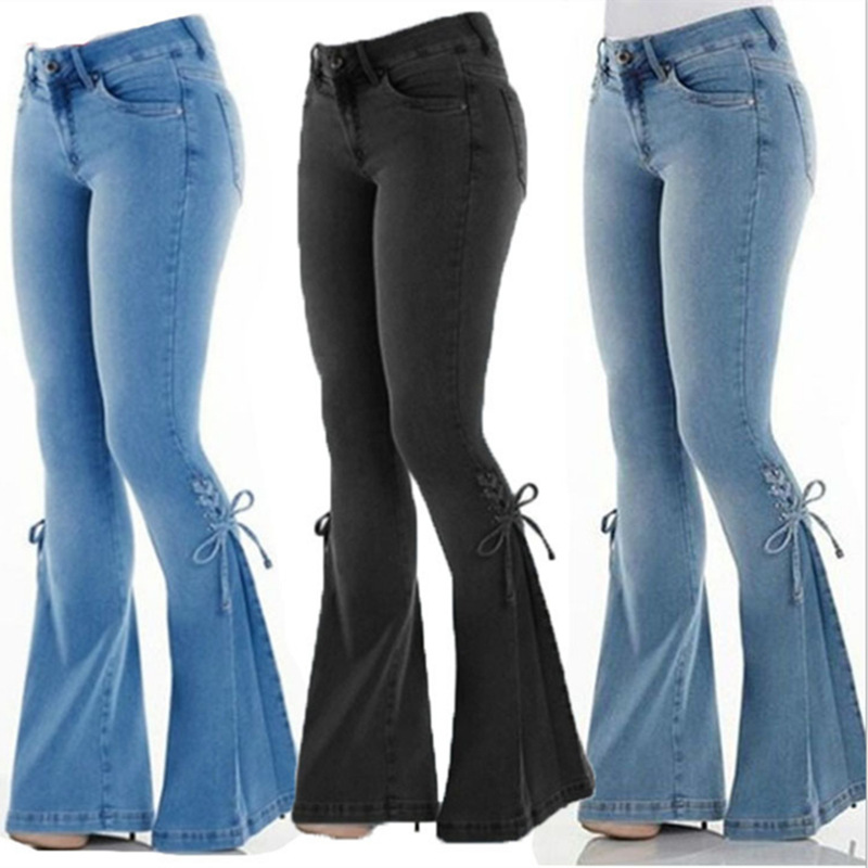 Women's Jeans Mid-waist Lace-up Denim Pants