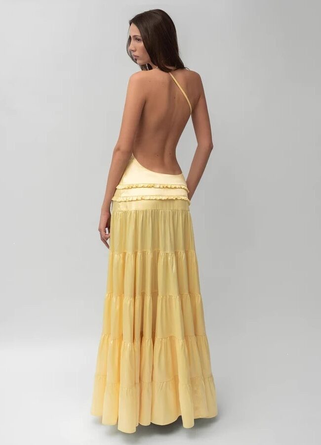 The Nina One Shoulder Backless Ruffled Long Dress Detail – La Rose Couture Dresses & Gowns