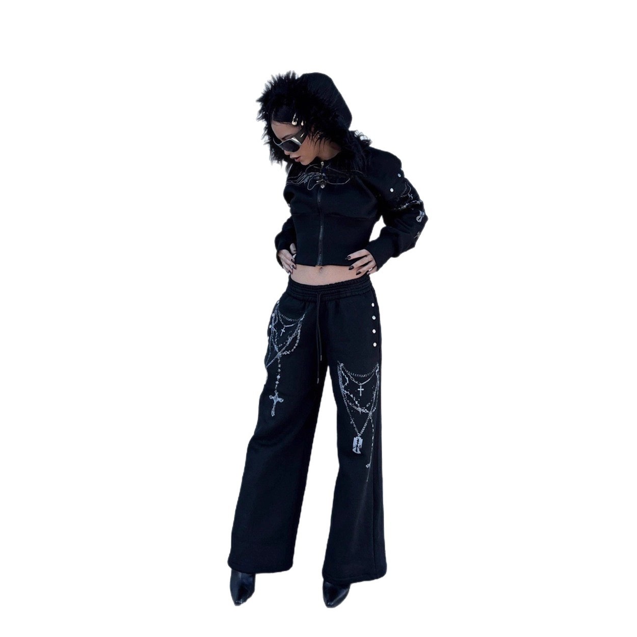 Printed Zipper Hoodie and Sweatpants Set - Image 2