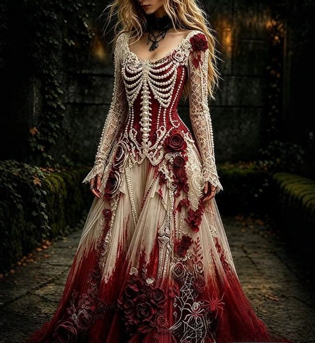 The Veronique Retro Gothic Skull Rose Print Long Sleeved Dress – La Rose Couture Dresses & Gowns