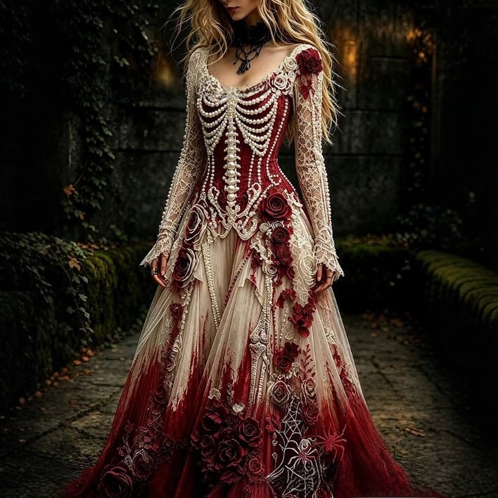 Lady's retro gothic skull rose print long-sleeved dress
