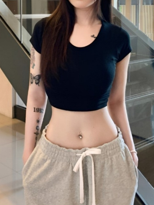 Women's Sexy Cropped Solid Color Short Sleeve U Neck Slim Fit T-Shirt - Image 5
