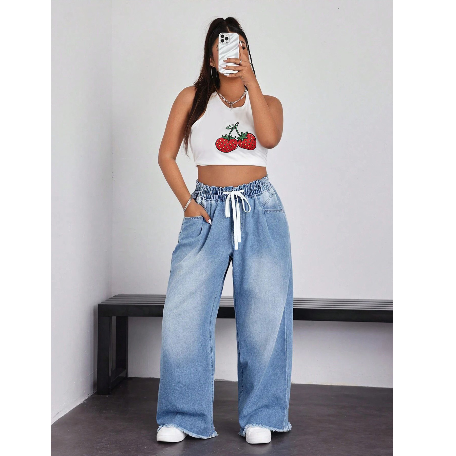 Women's Drawstring Wide Leg Jeans Distressed Raw Hem Trousers - Image 4