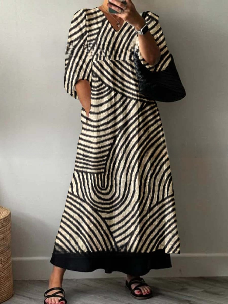 Womens Loose VNeck Long Sleeve Print Dress - Image 4