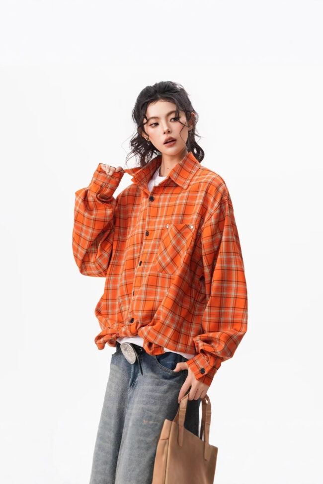The Marine Retro Orange Plaid Loose Long Sleeve Lapel Shirt Detail – La Rose Couture Tops & Blouses