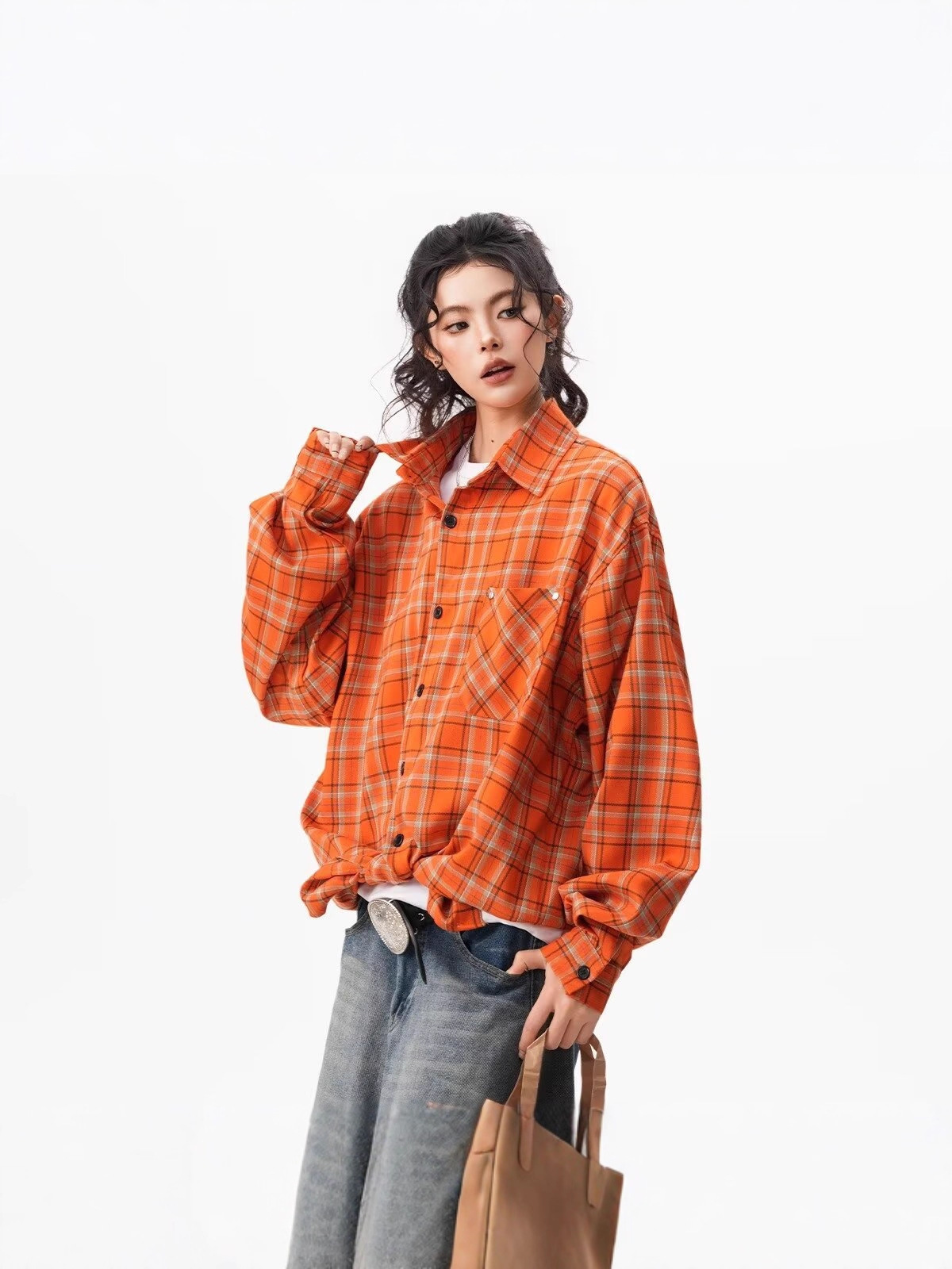 Retro Orange Plaid Loose Long Sleeve Lapel Shirt - Image 4