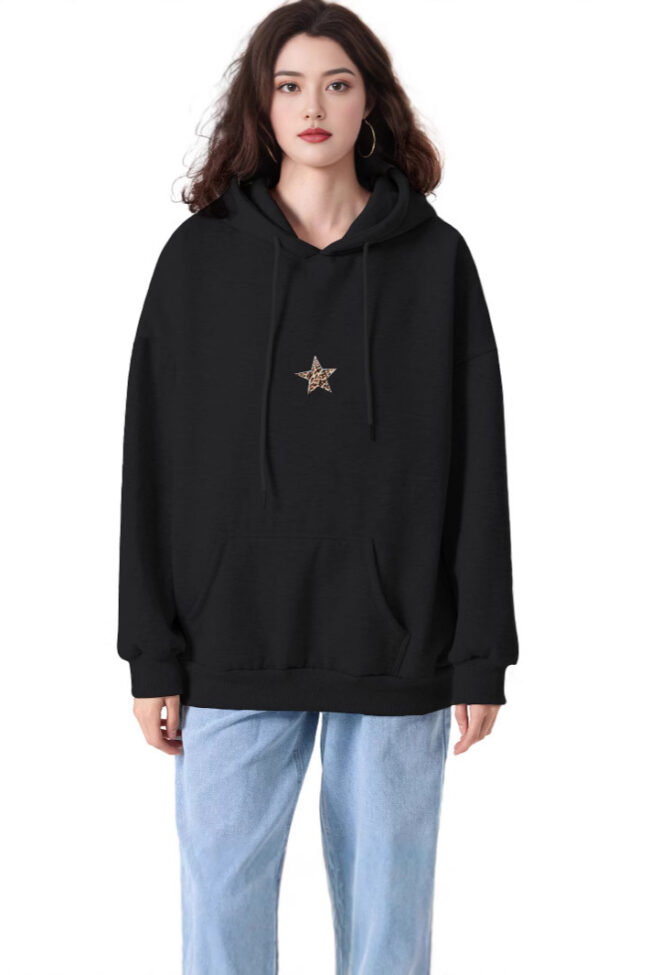 The Anais Leopard Print Star Patch Fleece Hooded Sweatshirt Detail – La Rose Couture Tops & Blouses