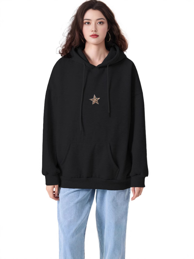 Women's Leopard Print Star Patch Fleece Hooded Sweatshirt - Image 5