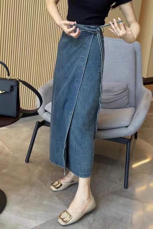 The Virginie Tie Up High Waisted Denim Skirt with Slit – La Rose Couture Trousers & Skirts