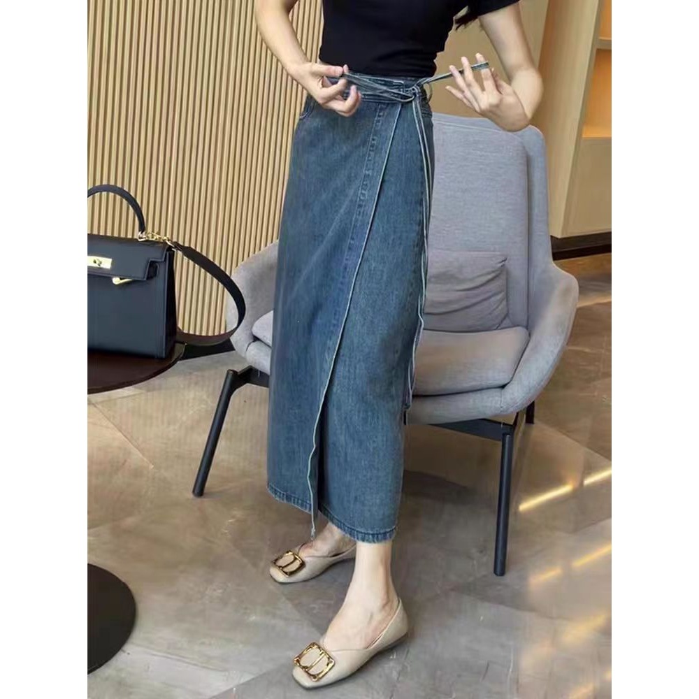Tie-Up High Waisted Denim Skirt with Slit