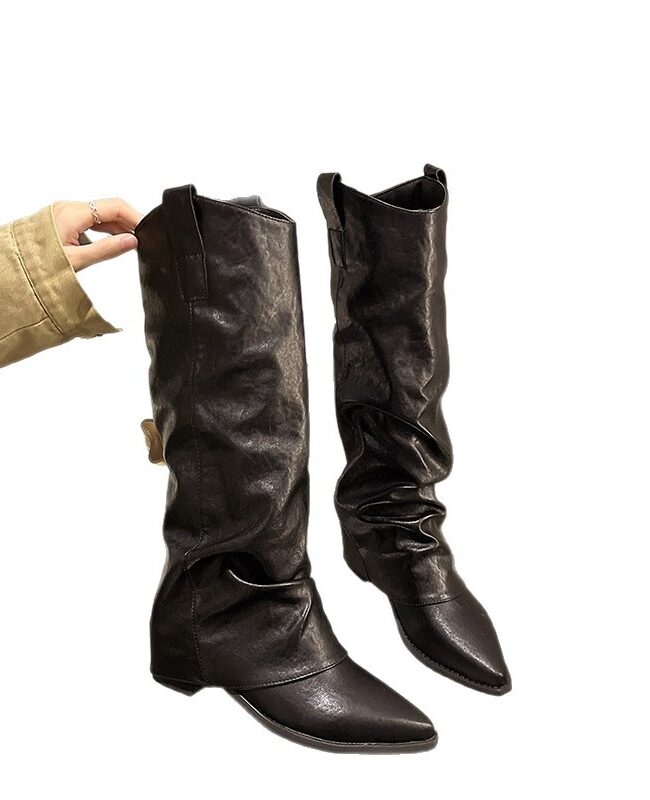 The Justine Pointed Toe Low Heel Suede Long Tube Boots Khaki Black Brown Detail – La Rose Couture Shoes & Footwear