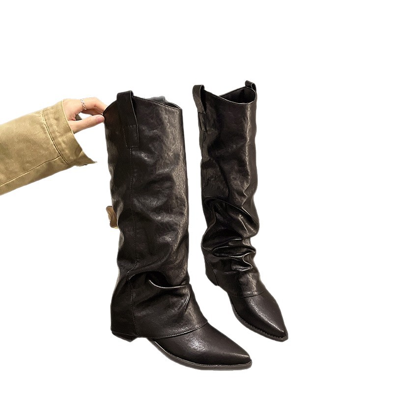 Pointed Toe Low Heel Suede Long Tube Women's Boots Khaki Black Brown - Image 5