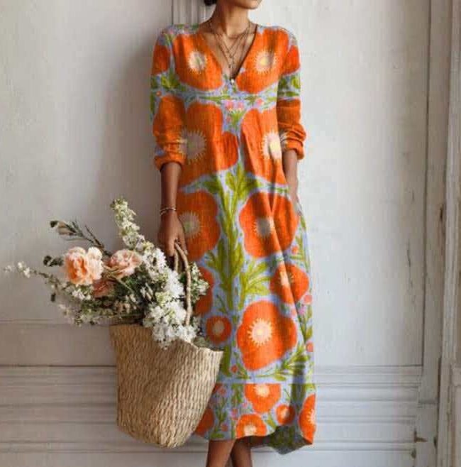 The Delphine V Neck Printed Loose Fitting Dress – La Rose Couture Dresses & Gowns