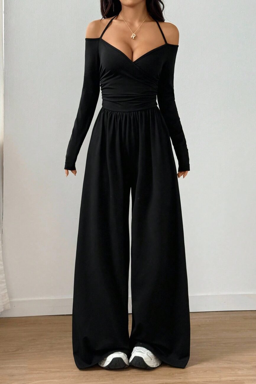 The Nadege Halter V Neck Long Sleeve Wide Leg Jumpsuit Detail – La Rose Couture Dresses & Gowns
