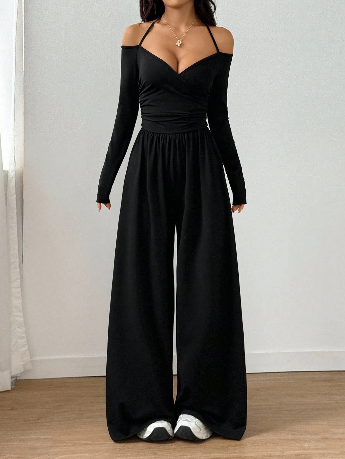 Women's Halter V-Neck Long Sleeve Wide Leg Jumpsuit - Image 3