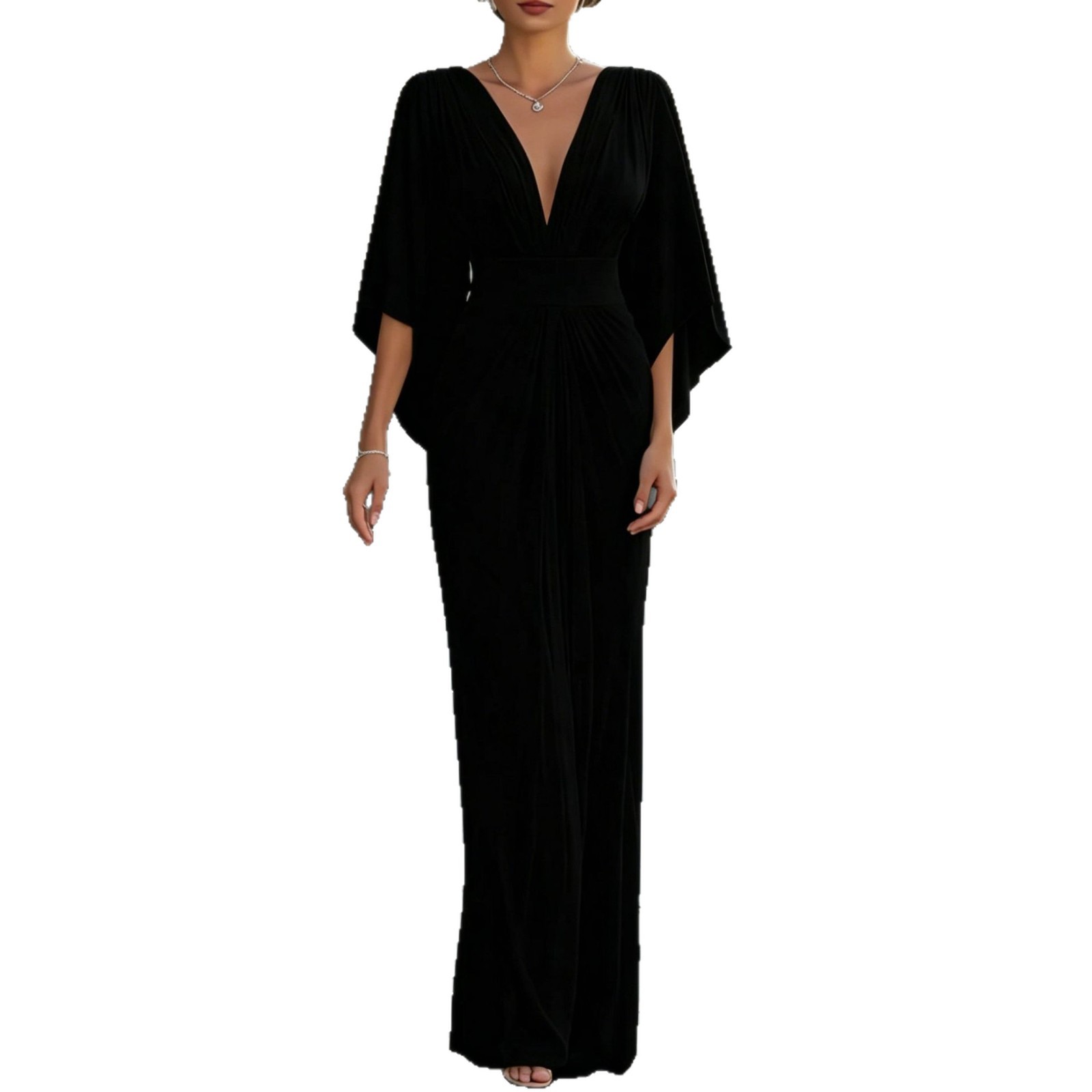 Women's V-neck pleated fitted long dress - Image 4