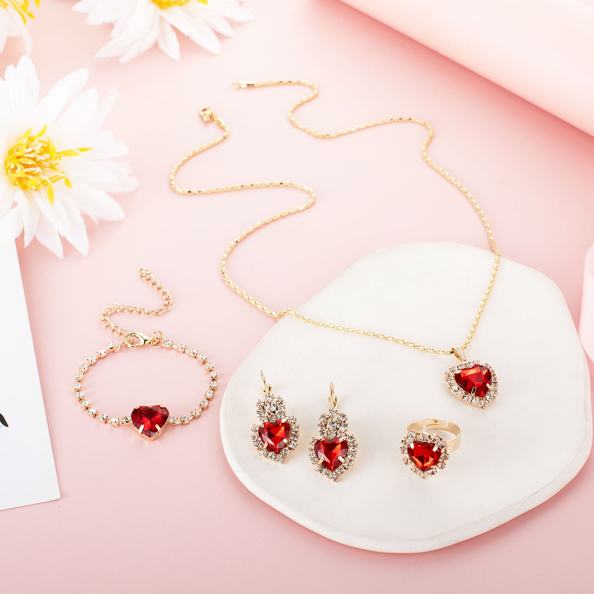 European and American Personalized Water Drop Rhinestone Necklace Earrings Ring Set - Image 4