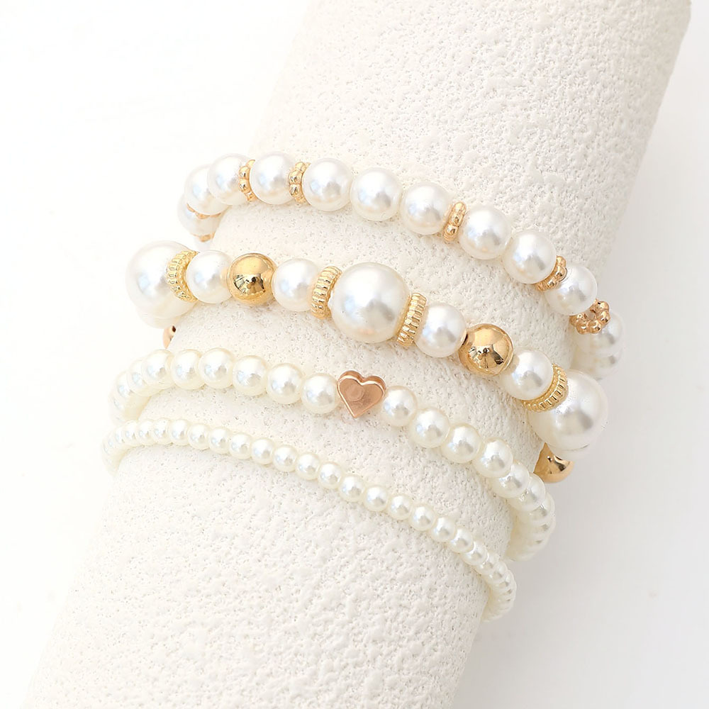 Creative Love Heart Imitation Pearl Round Bead Bracelet 4-Piece Set - Image 4