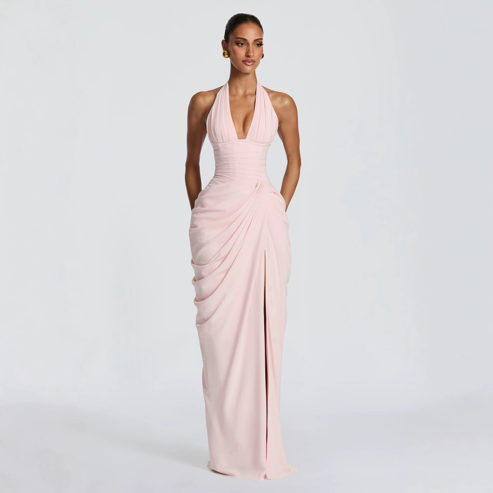 Women Halter V-Neck Pleated Bodycon Dress - Image 3