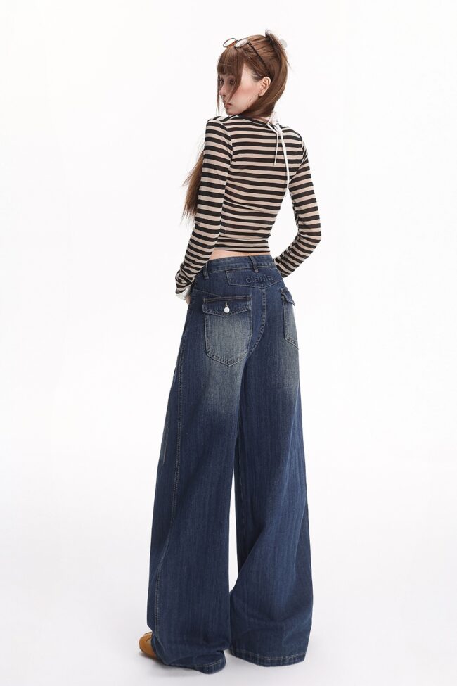 The Camille Retro Blue Bamboo Pattern Straight Leg Floor Length Jeans – La Rose Couture Trousers & Skirts