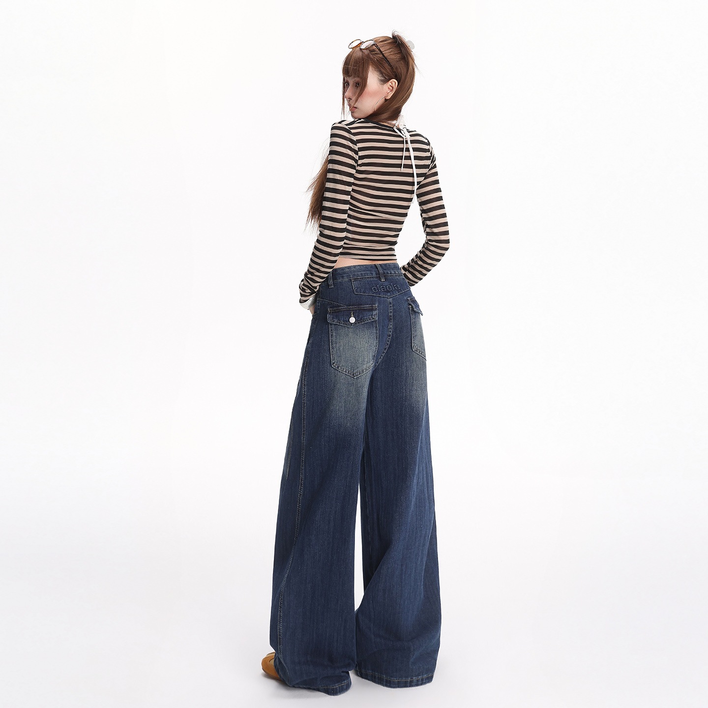 Women's Retro Blue Bamboo Pattern Straight-Leg Floor-Length Jeans