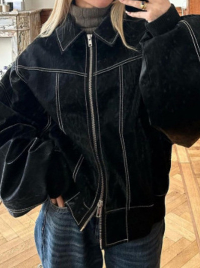 Oversized Retro Lapel Zipper PU Leather Jacket - Image 4