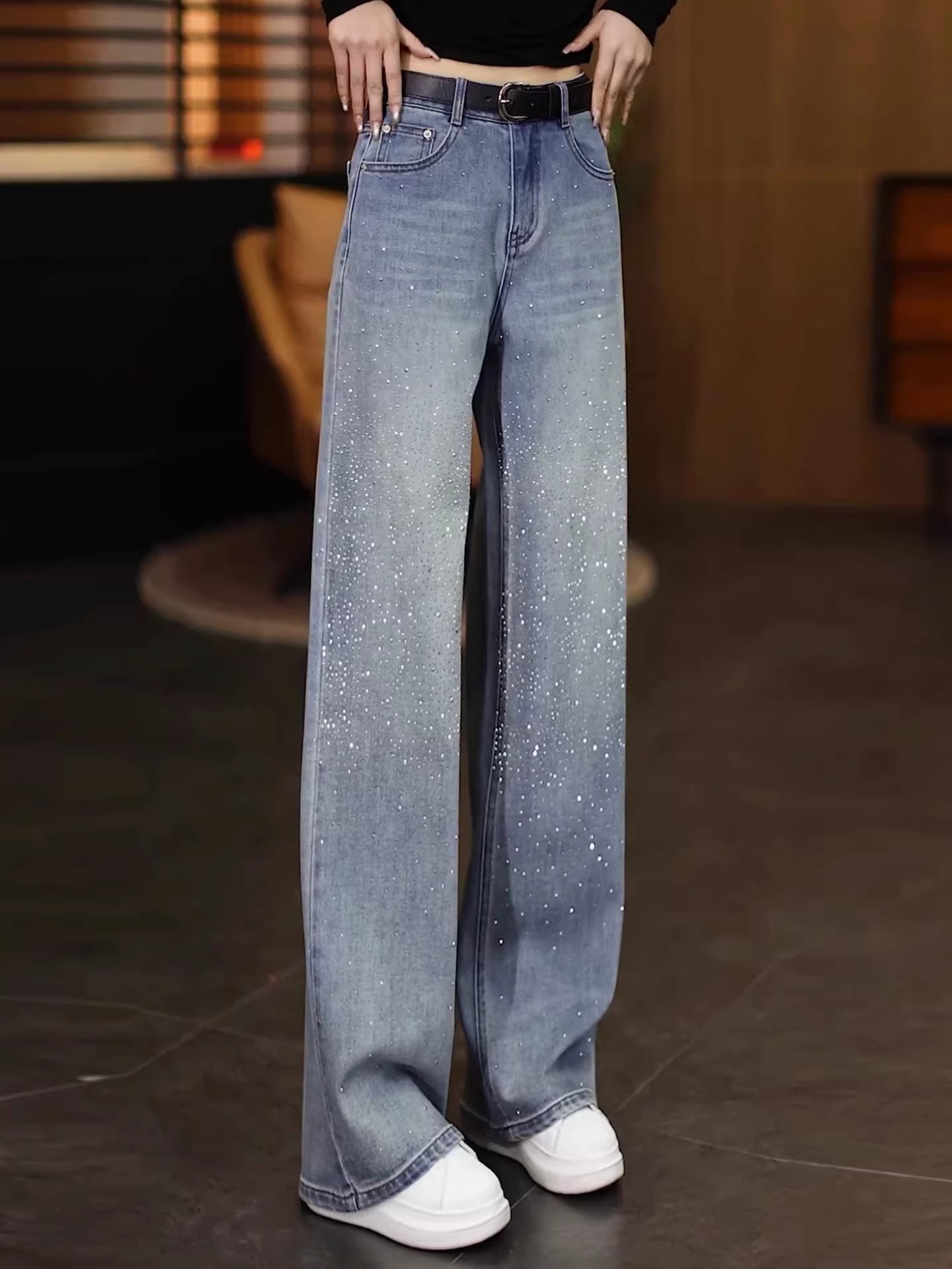 Rhinestone Wide Leg Denim Pants - Image 5