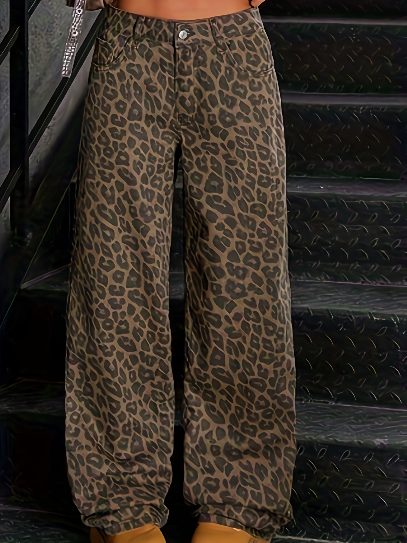 Leopard Print Vintage Washed High Waist Straight Denim Jeans - Image 5