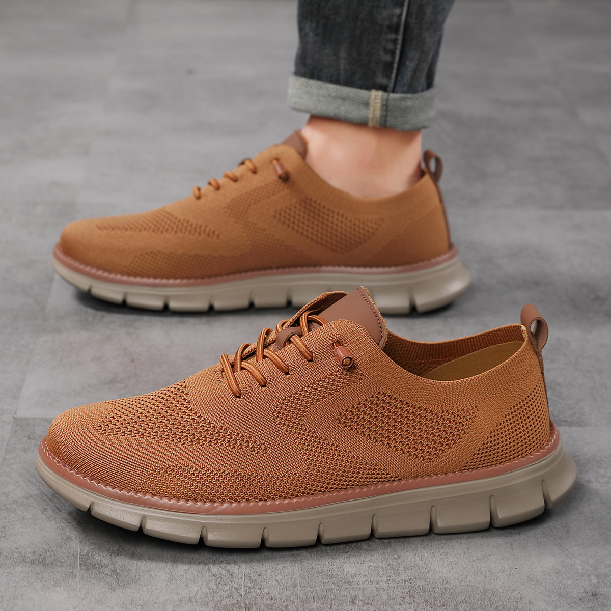 Mens Lightweight Breathable Lace Up Loafers Casual Fly Knit Shoes