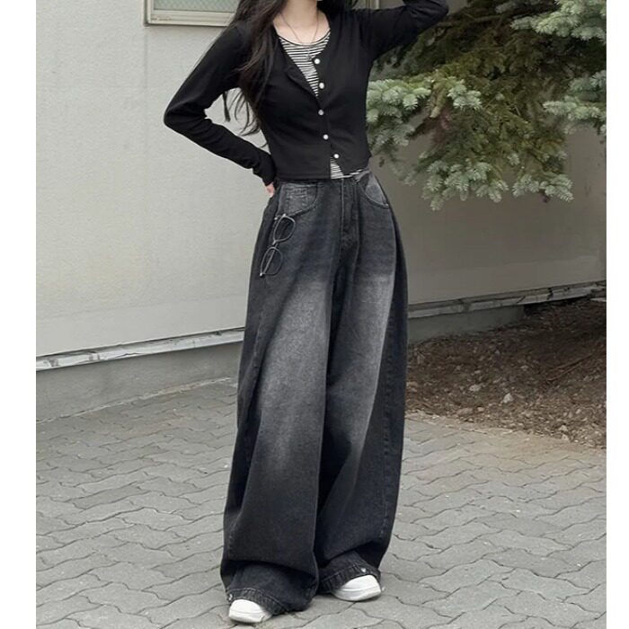 Vintage Washed Wide Leg Jeans with Ankle Button Detail - Image 3