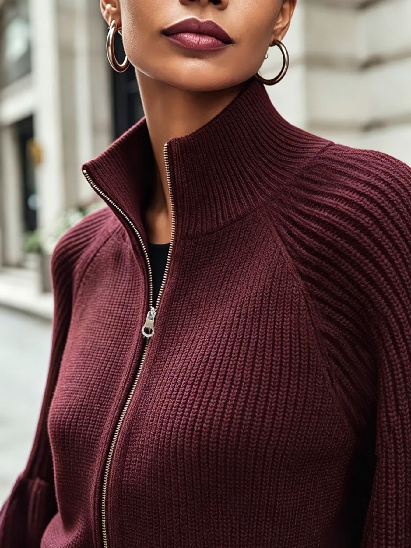 Women High Neck Knitted Cardigan with Lantern Sleeves - Image 3