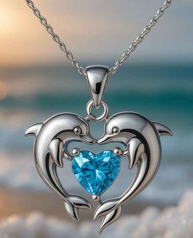 The Aurore Sophisticated Unique Design Dolphin and Mermaid Pendant Necklace with an Oceanic Resort Vibe. Detail – La Rose Couture Jewellery & Accessories