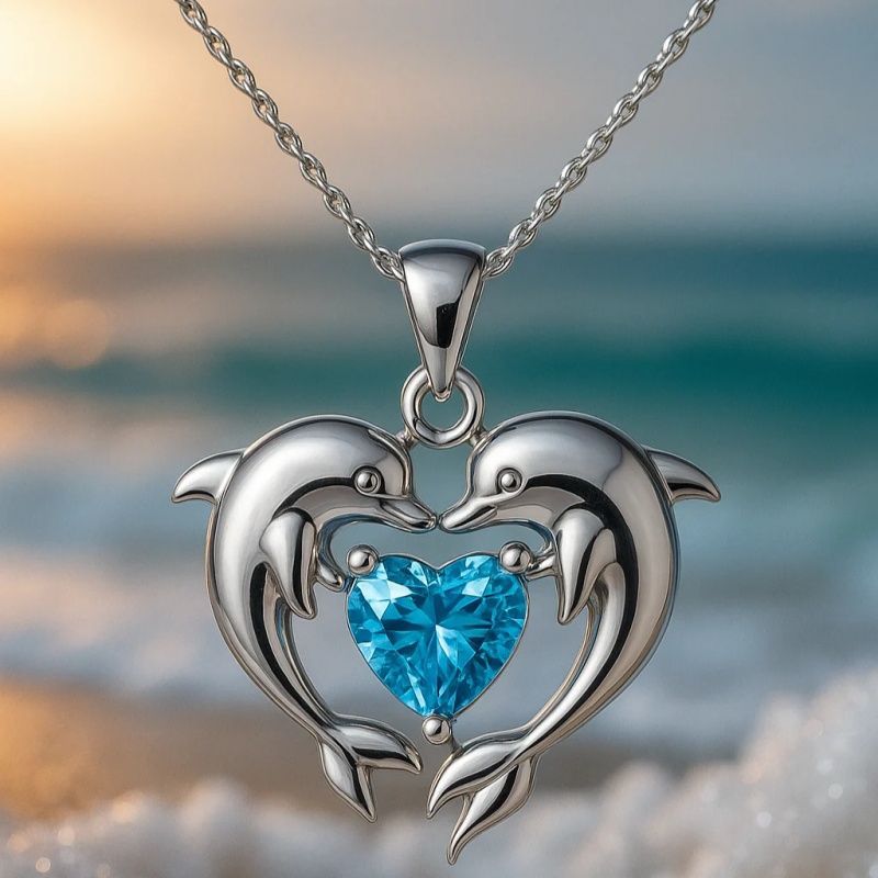 Sophisticated, unique-design dolphin and mermaid pendant necklace with an oceanic resort vibe. - Image 3