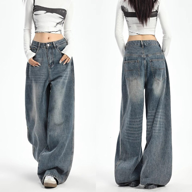 Women's Plus Size High-Waist Wide-Leg Vintage Blue Denim Jeans
