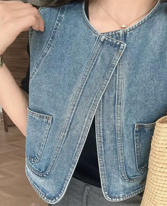 The Diane Vintage Minimalist Sleeveless Denim Blue Outerwear Vest Detail – La Rose Couture Coats & Jackets