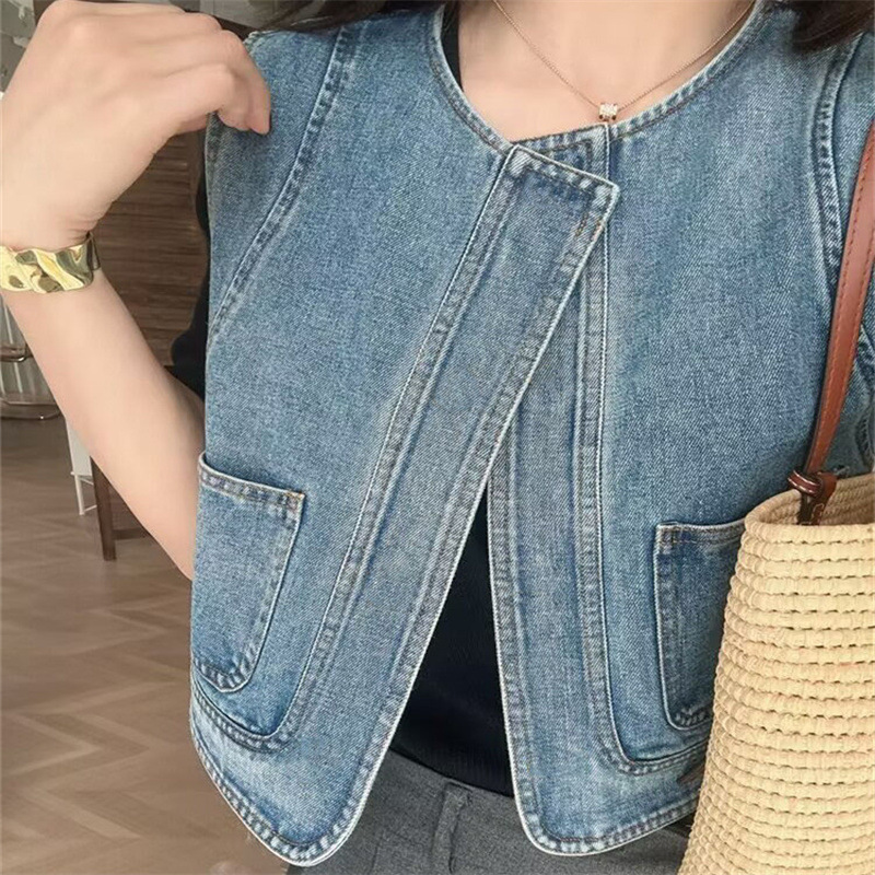 Women Vintage Korean Style Sleeveless Denim Blue Outerwear Vest - Image 4
