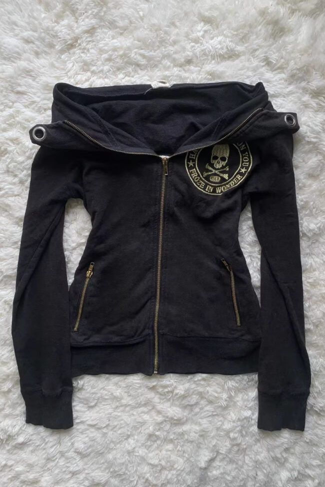 The Laurene Retro Zip Up Hoodie with Skull Embroidery – La Rose Couture Tops & Blouses