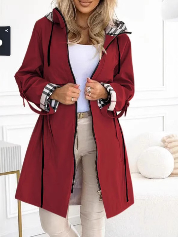 Women's Hooded Plaid Printed Windbreaker Coat - Image 2
