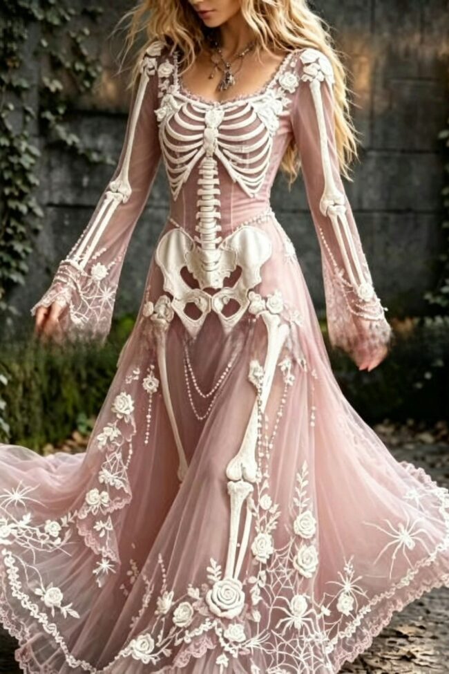 The Veronique Retro Gothic Skull Rose Print Long Sleeved Dress Detail – La Rose Couture Dresses & Gowns
