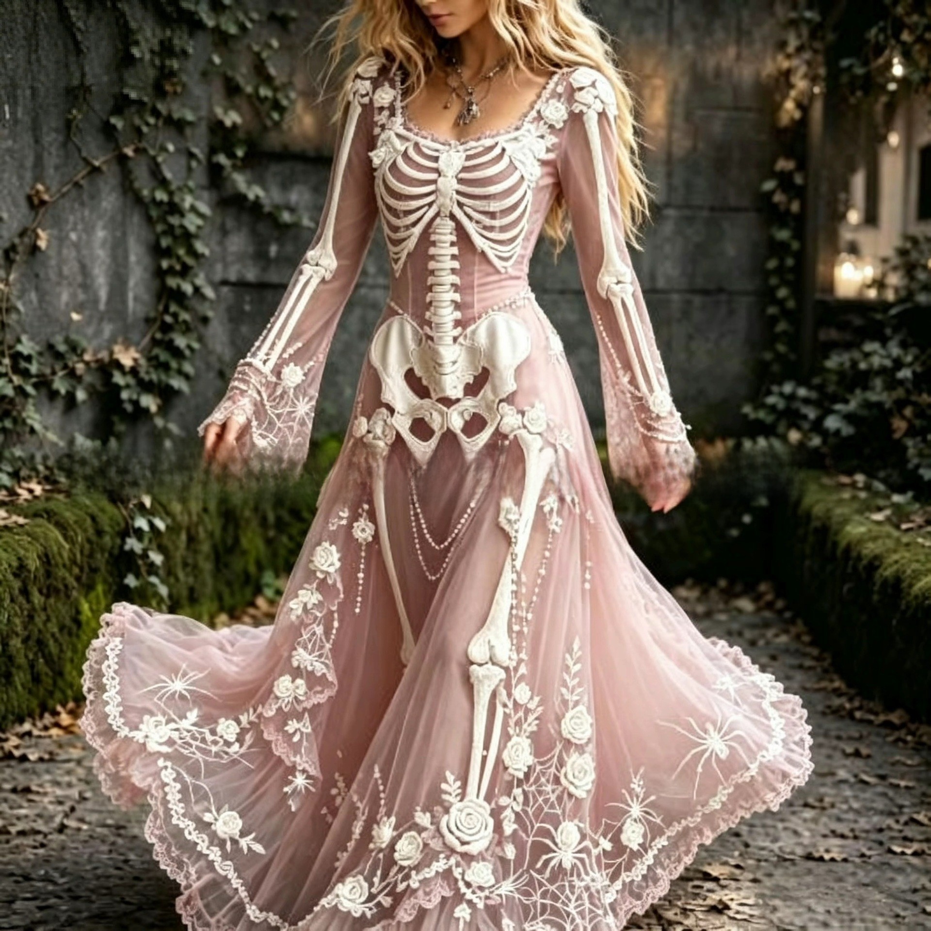Lady's retro gothic skull rose print long-sleeved dress - Image 5