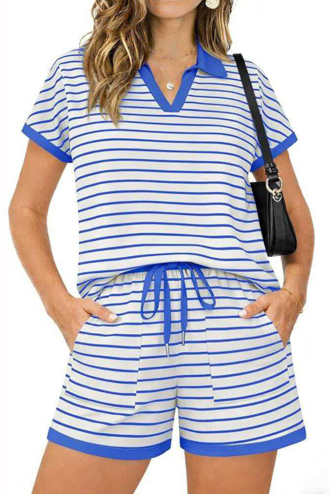 Striped Short Sleeve Color Blocking Two Piece Set Detail – La Rose Couture Trousers & Skirts