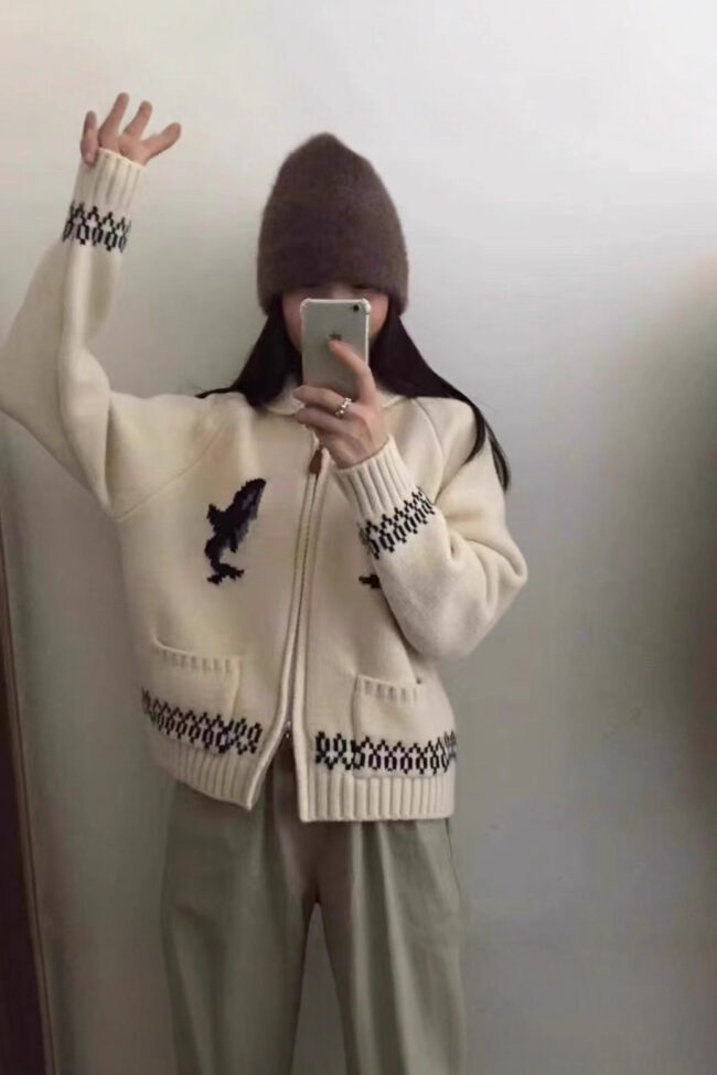 The Muriel Zipper Lapel Jacquard Knitted Sweater Cardigan Detail – La Rose Couture Coats & Jackets