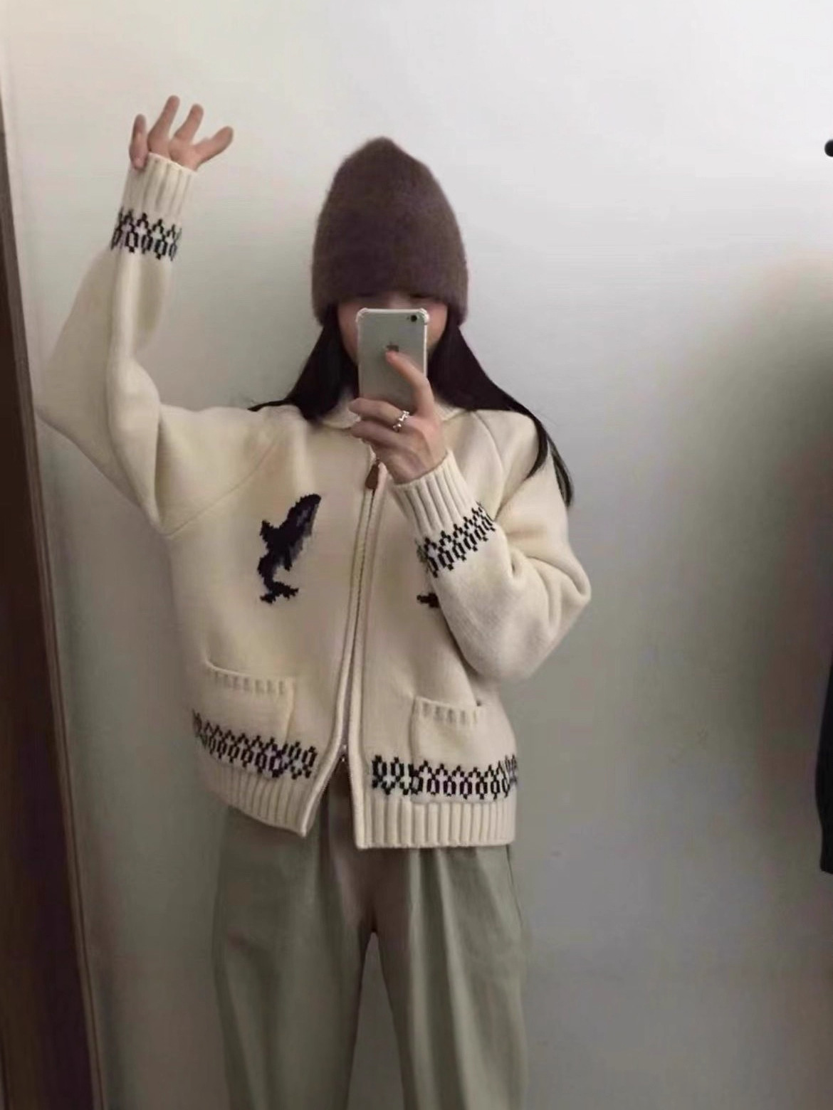 Women's Zipper Lapel Jacquard Knitted Sweater Cardigan - Image 4