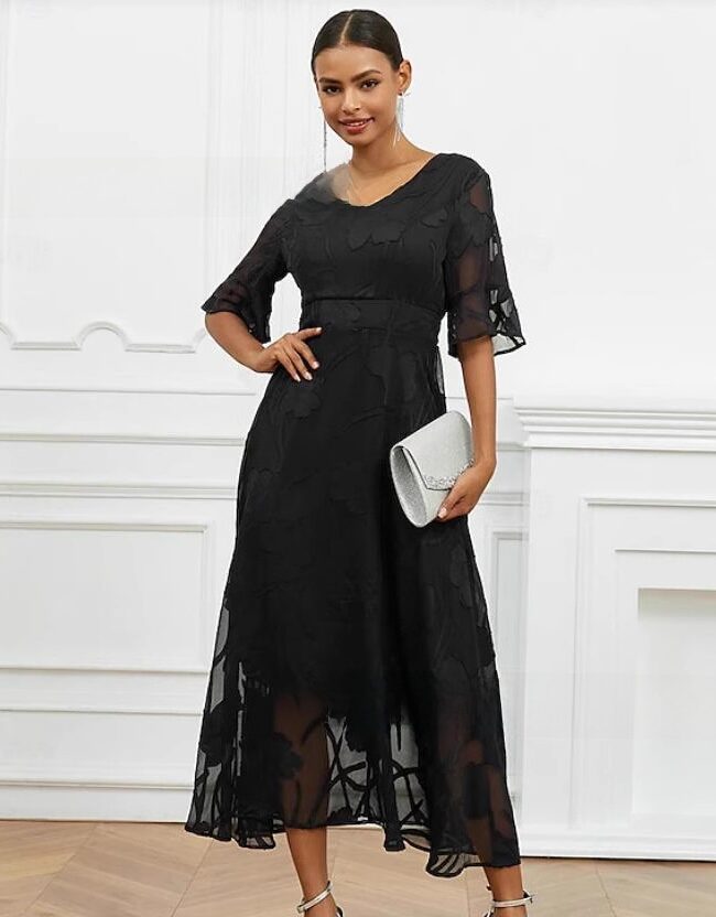 The Laure Elegant V Neck Jacquard a Line Midi Dress Detail – La Rose Couture Dresses & Gowns