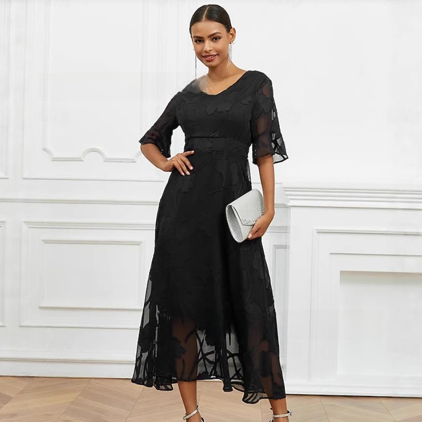 Womens Elegant V-Neck Jacquard A-Line Midi Dress - Image 3